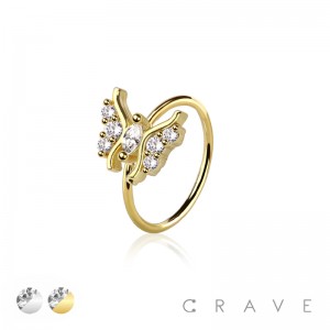 CZ PRONG GEM PAVED CENTER GEM BUTTERFLY 316L SURGICAL STEEL O-RING NOSE HOOP